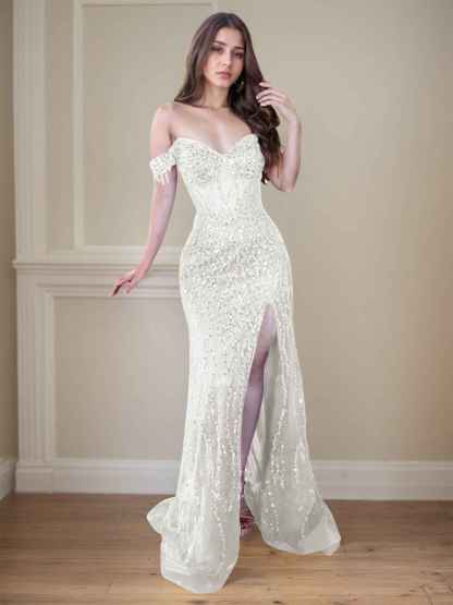 Red Off-the-Shoulder Beaded Tulle Long Prom Dress with Swirling Sequins