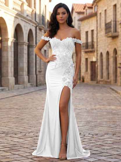 Mermaid Off-The-Shoulder Floral Corset Long Prom Dress with Slit