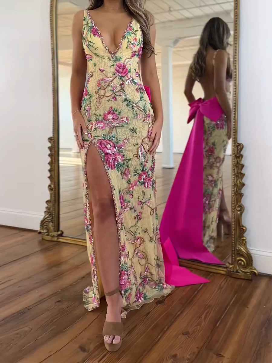 White Floral Embroidered Deep V-Neck Prom Dress with Oversized Bow Train