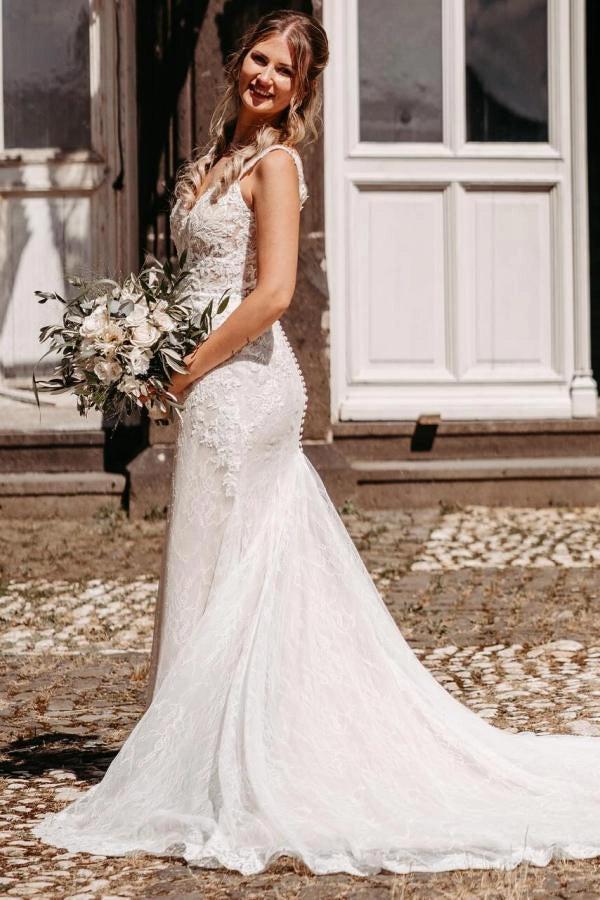 White Lace Mermaid Wedding Dress V-Neck Spaghetti Straps Allover 3D Floral Lace Applique Pearl Button Back Sweep Train Bridal Gown