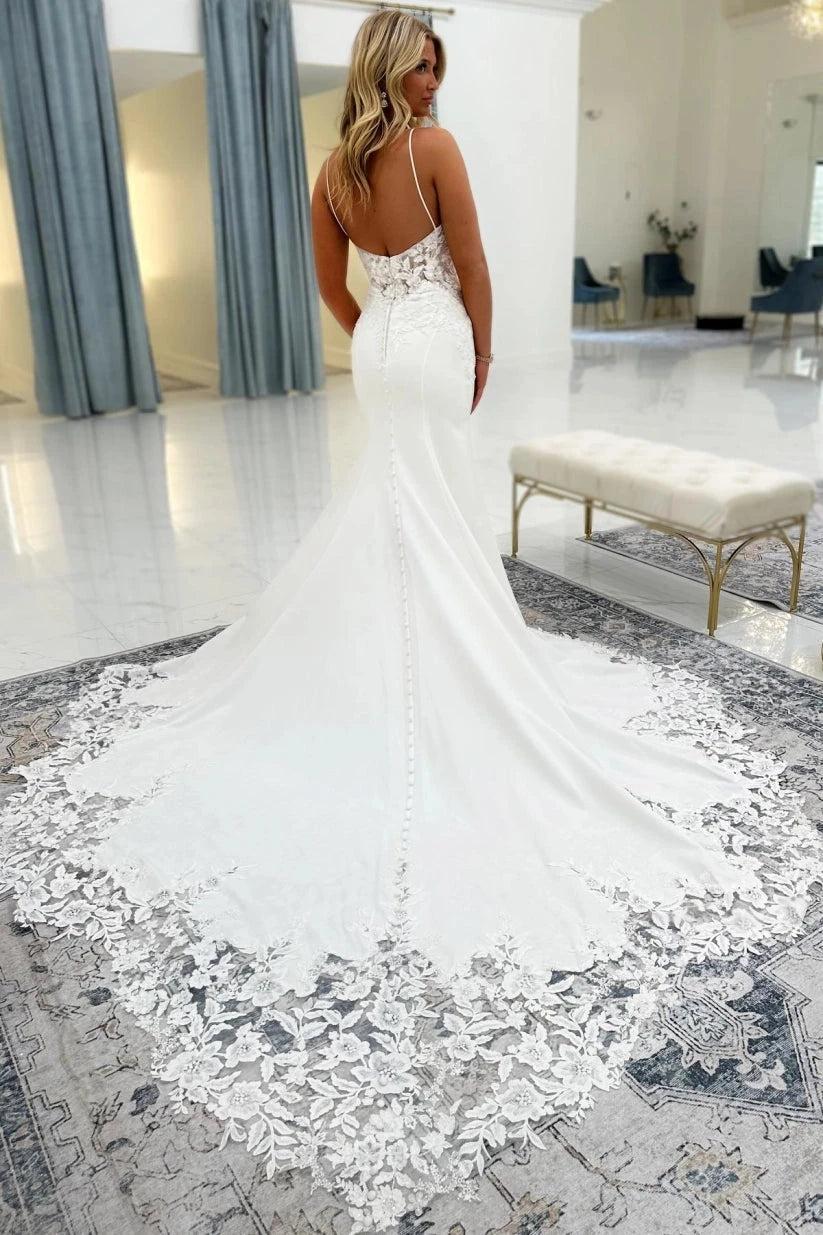 White Satin Mermaid Wedding Dress Spaghetti Straps Scoop Neck 3D Floral Lace Applique Bodice Open Back Pearl Button Cathedral Train