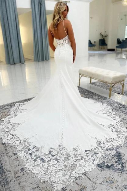 White Satin Mermaid Wedding Dress Spaghetti Straps Scoop Neck 3D Floral Lace Applique Bodice Open Back Pearl Button Cathedral Train