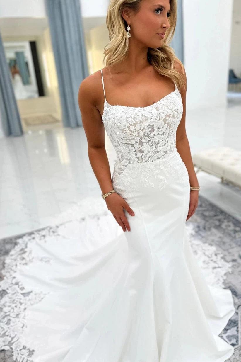White Satin Mermaid Wedding Dress Spaghetti Straps Scoop Neck 3D Floral Lace Applique Bodice Open Back Pearl Button Cathedral Train