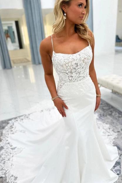 White Satin Mermaid Wedding Dress Spaghetti Straps Scoop Neck 3D Floral Lace Applique Bodice Open Back Pearl Button Cathedral Train