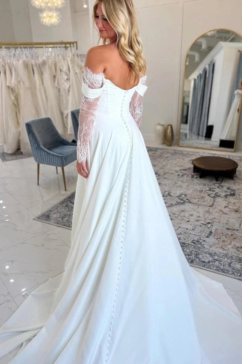 White Satin Off Shoulder Wedding Dress A-Line Illusion Lace Long Sleeves High Slit Pearl Button Back Chapel Train Bridal Gown