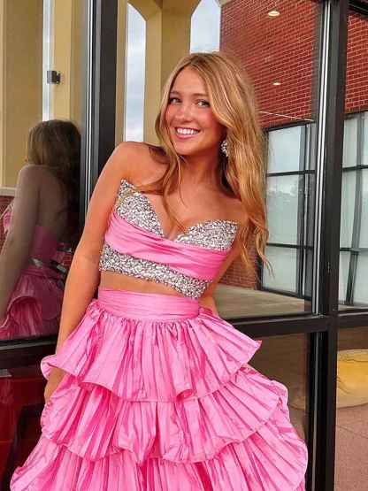 White Two-Piece Tiered Ruffle Prom Dress with Crystal Bodice