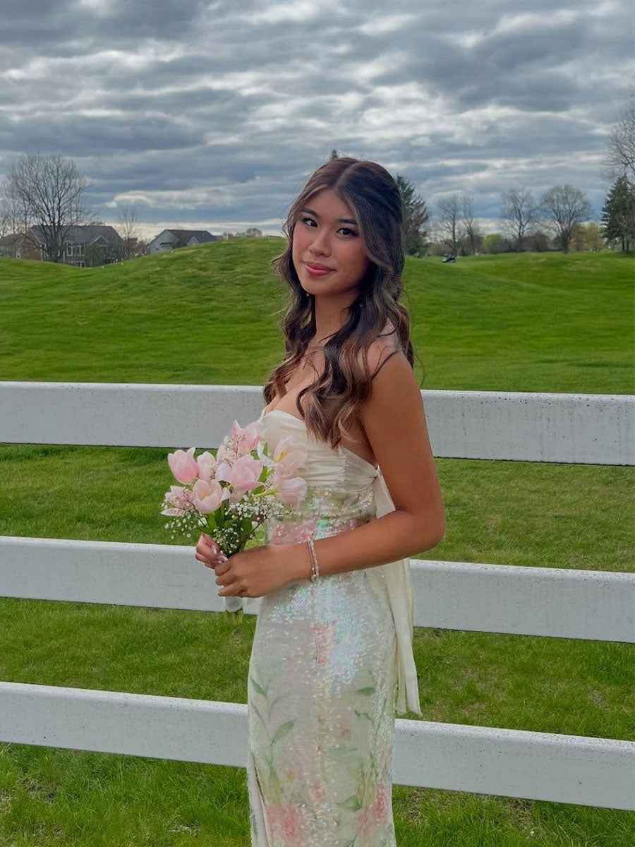 White Pink Floral Print Strapless Sequin Prom Dress with Slit