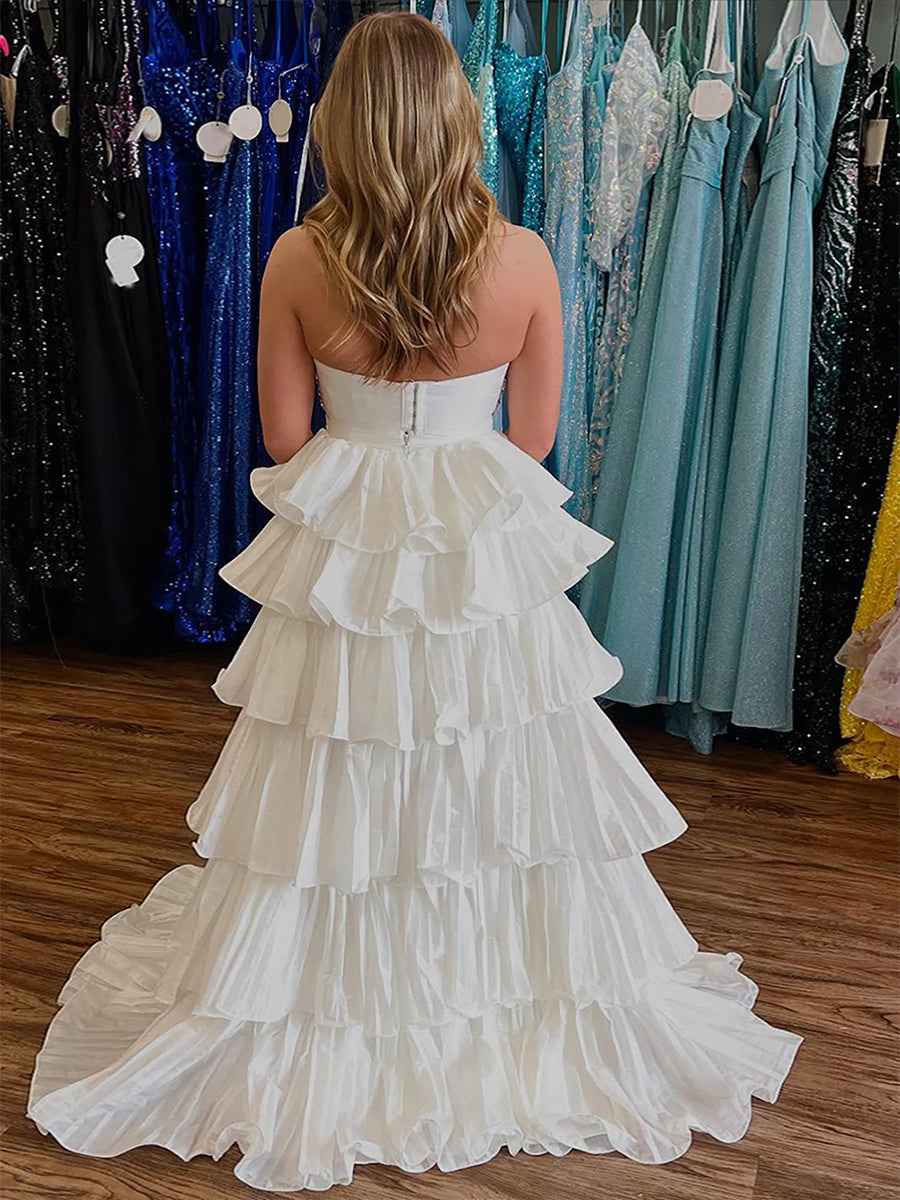 White Two-Piece Tiered Ruffle Prom Dress with Crystal Bodice