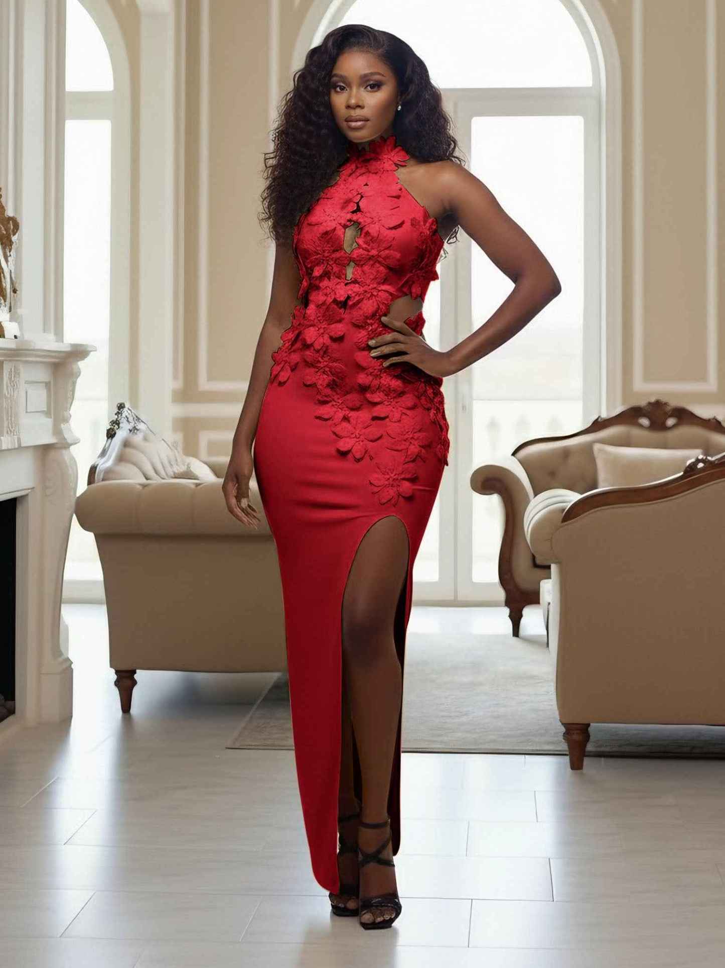 Yellow Halter Neck 3D Flower Mermaid Long Prom Dress with Slit