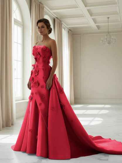 Pink A Line Satin Strapless Prom Dress with 3D Floral Appliques