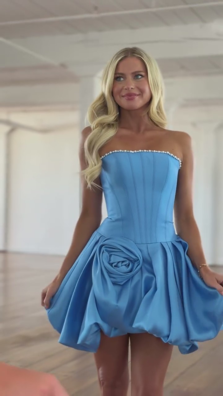 Strapless Pearl Trim Corset Homecoming Dress 3D Rose Satin Bubble Mini Skirt