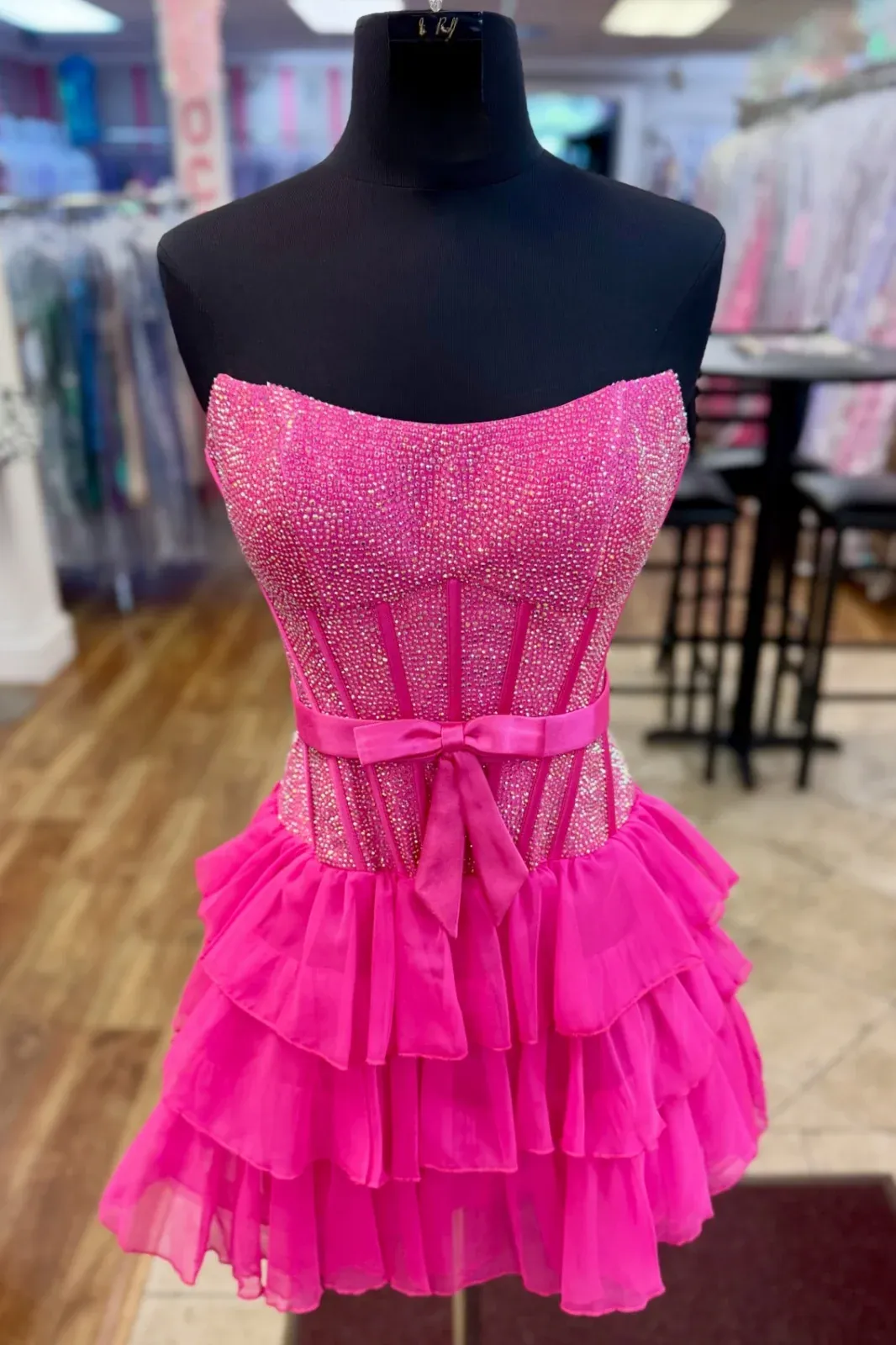 Strapless Sweetheart Rhinestone Corset Homecoming Dress Satin Bow Tiered Ruffle Chiffon Mini