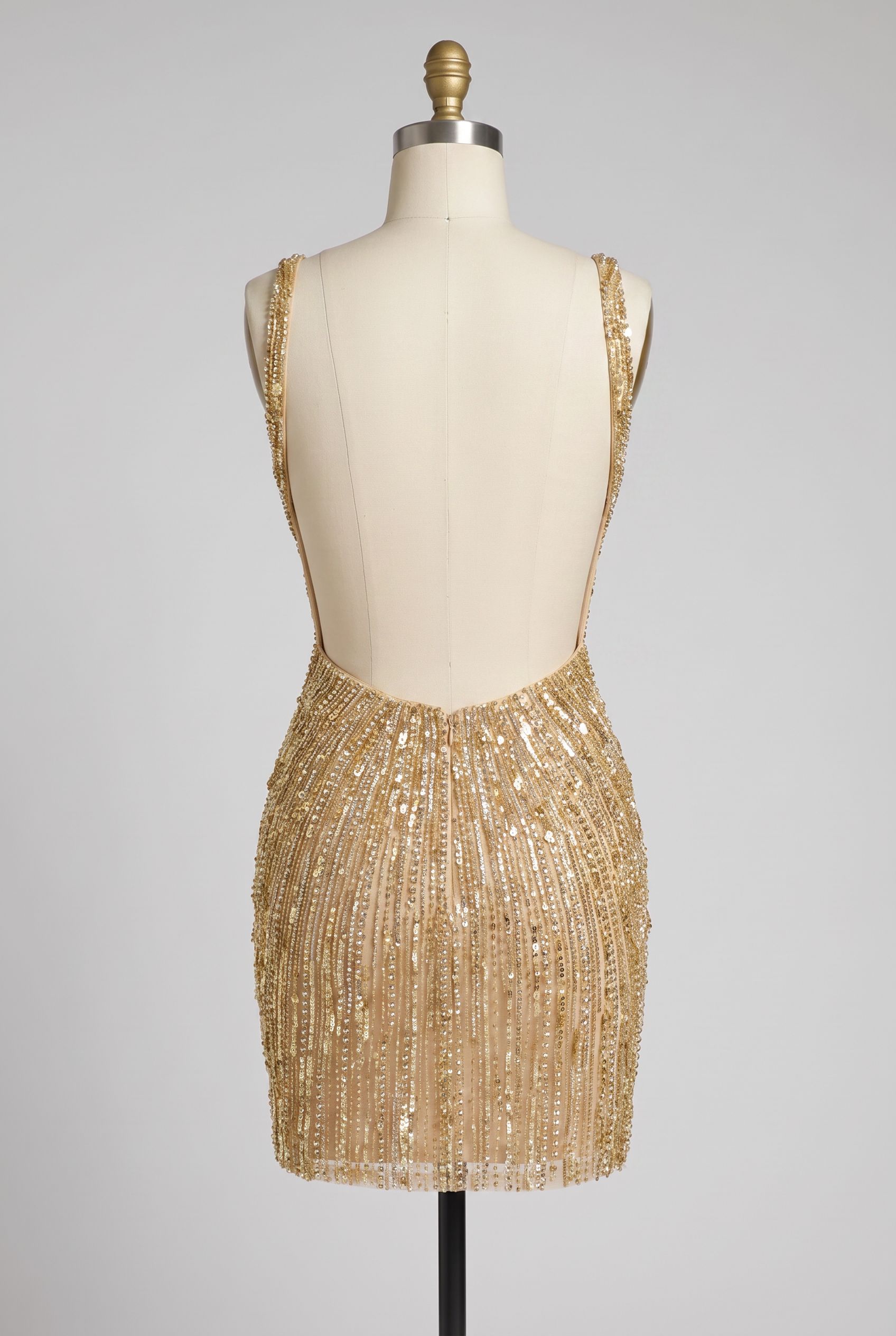 Deep V Neck Crystal Beaded Bodycon Homecoming Dress Sequin Open Back Mini Gold