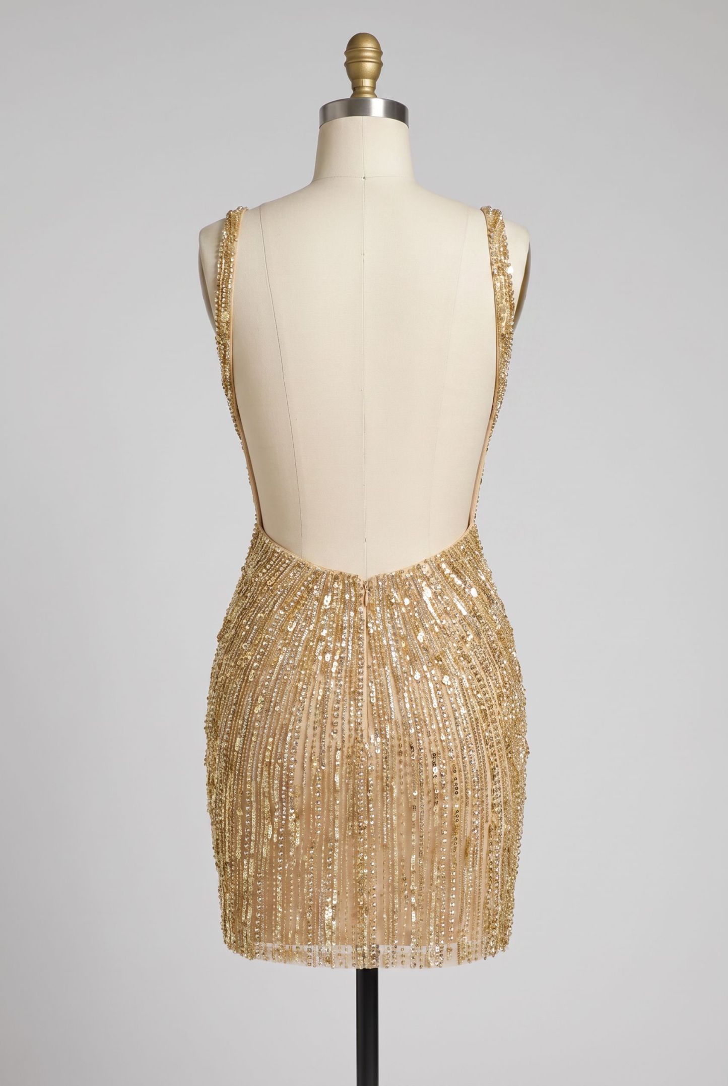 Deep V Neck Crystal Beaded Bodycon Homecoming Dress Sequin Open Back Mini Gold