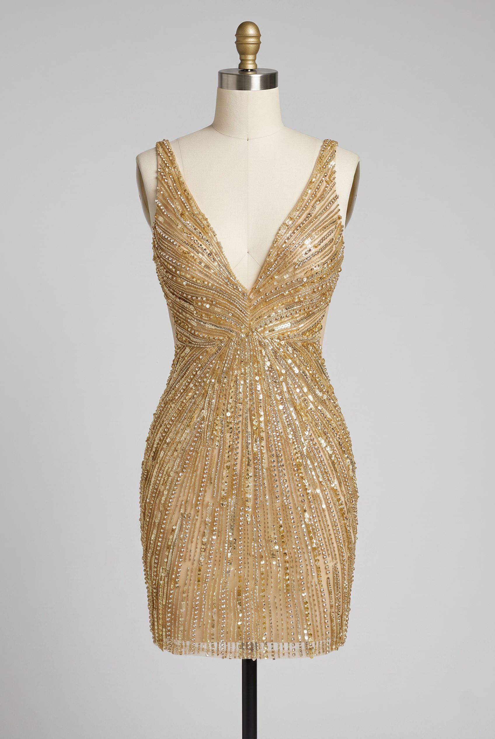 Deep V Neck Crystal Beaded Bodycon Homecoming Dress Sequin Open Back Mini Gold