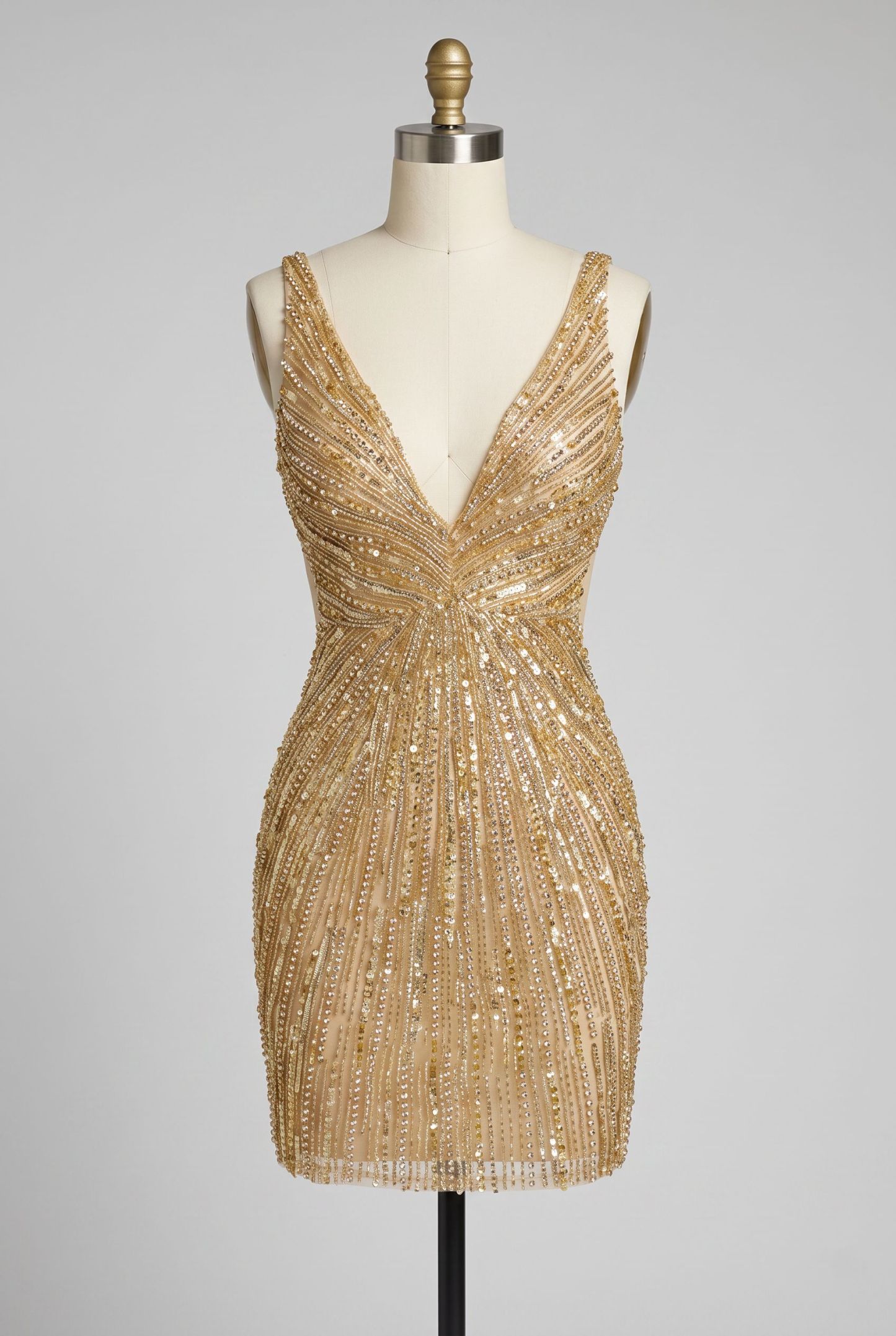 Deep V Neck Crystal Beaded Bodycon Homecoming Dress Sequin Open Back Mini Gold