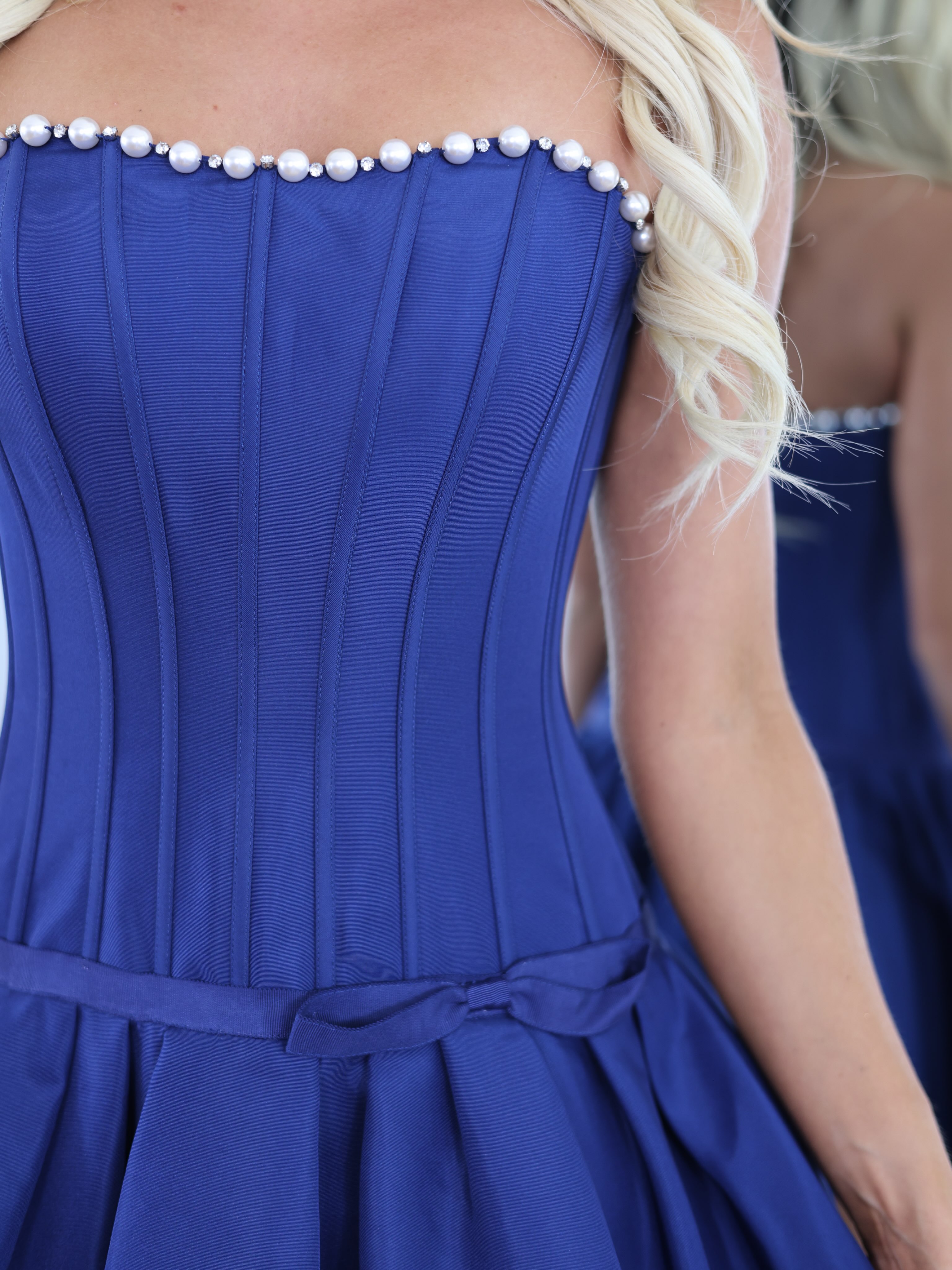 Strapless Sweetheart Pearl Trim Boned Corset Homecoming Dress Bow Double-Layer Pleated Skirt Button-Back Mini