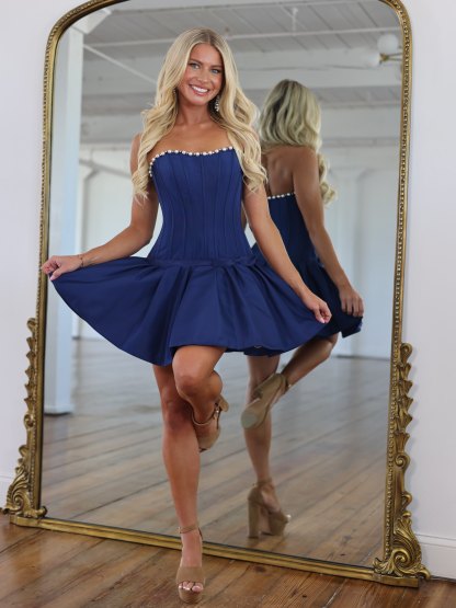 Strapless Sweetheart Pearl Trim Boned Corset Homecoming Dress Bow Double-Layer Pleated Skirt Button-Back Mini