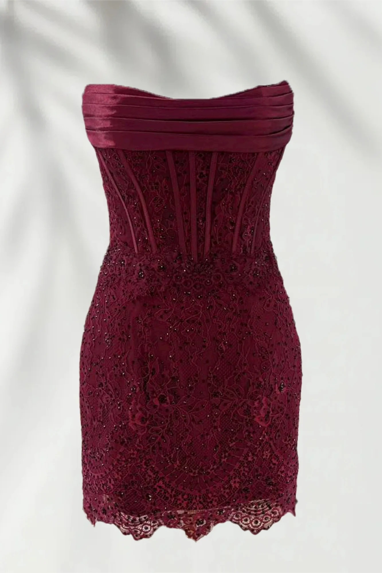 Strapless Ruched Sequin Lace Corset Homecoming Dress Open Back Bodycon Mini Scallop Hem