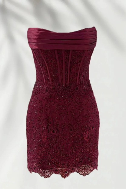 Strapless Ruched Sequin Lace Corset Homecoming Dress Open Back Bodycon Mini Scallop Hem