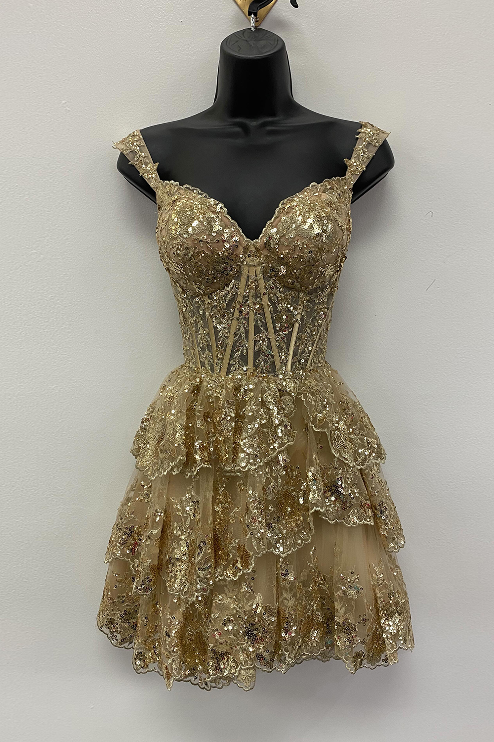 Sparkly Golden A-Line Tiered Lace Short Homecoming Prom Dress-BMbridal