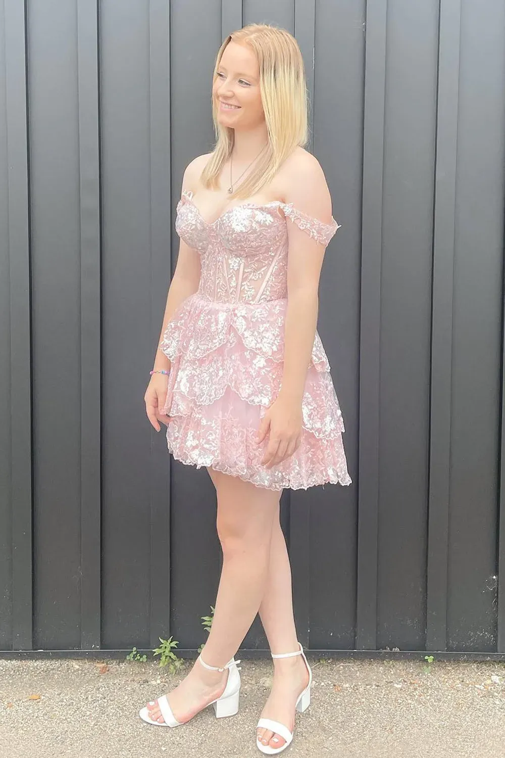 Glitter Fuchsia Tiered A-Line Short Lace Homecoming Dress