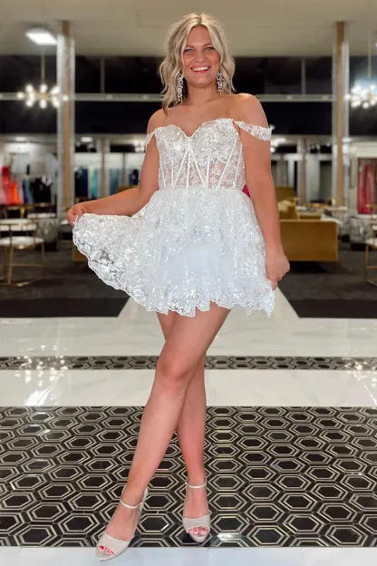 Glitter Fuchsia Tiered A-Line Short Lace Homecoming Dress
