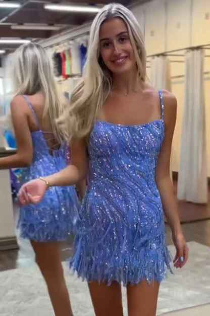 Sparkly Blue Spaghetti Straps Sequins Short Bodycon Homecoming Dress with Tassel