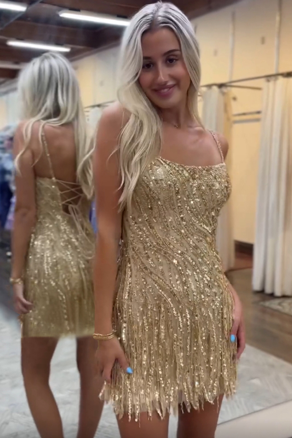 Sparkly Gold Spaghetti Straps Beaded Fringed Tight Short Hoco Dress-BMbridal