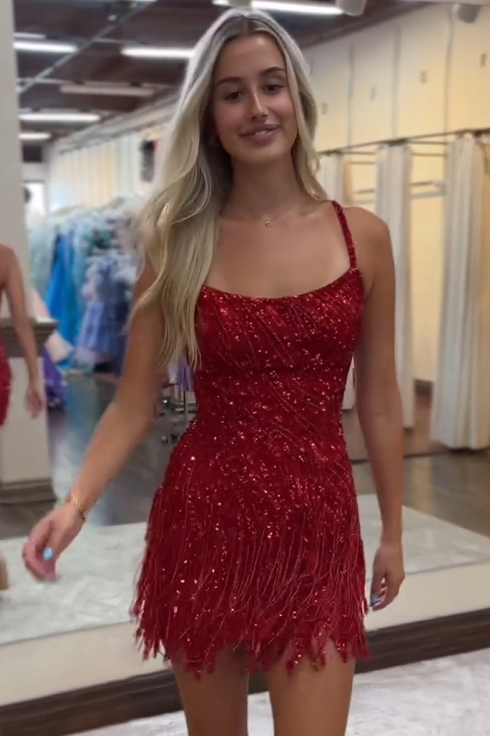 Sparkly Gold Spaghetti Straps Sequins Tight Short Hoco Dress with Fringes-BMbridal