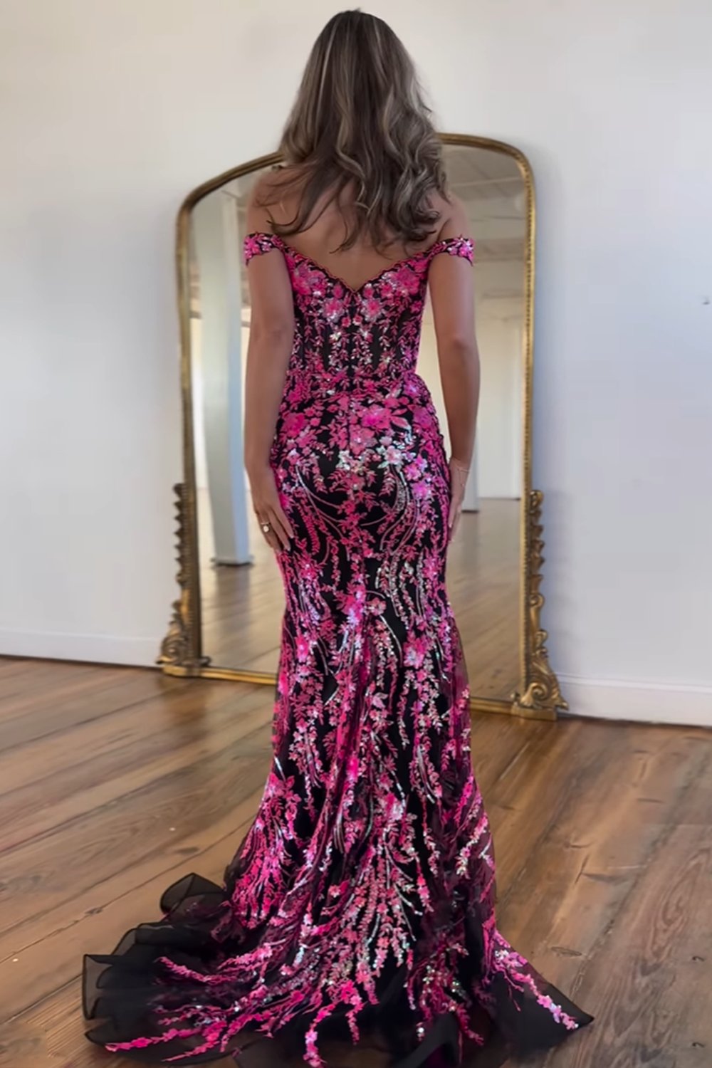 Sparkly Golden Off the Shoulder Mermaid Sequins Long Prom Dress with Slit