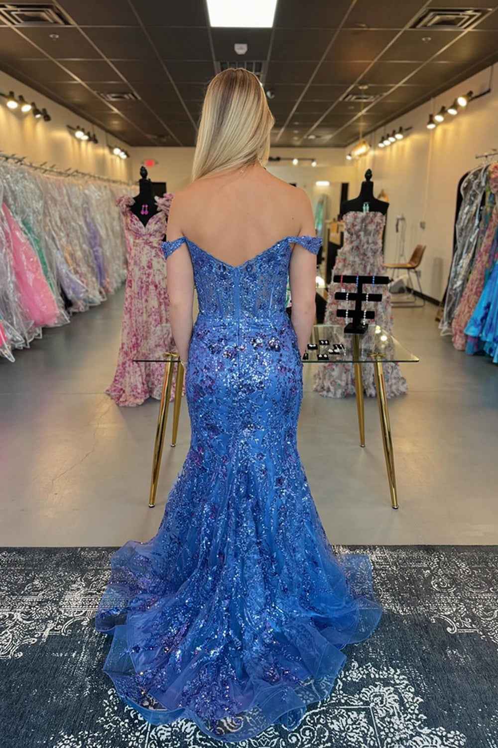 Sparkly Golden Off the Shoulder Mermaid Sequins Long Prom Dress with Slit