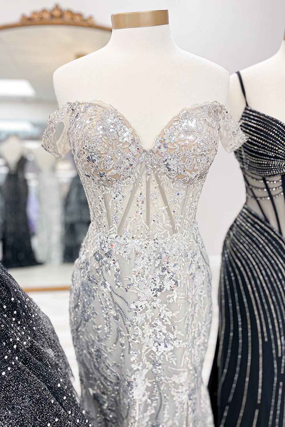 Sparkly Golden Off the Shoulder Mermaid Sequins Long Prom Dress with Slit