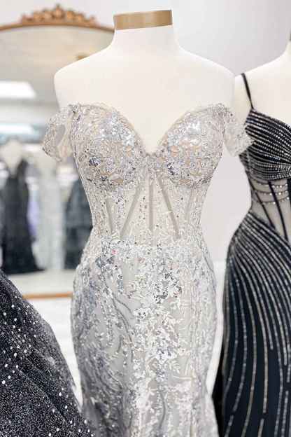 Sparkly Golden Off the Shoulder Mermaid Sequins Long Prom Dress with Slit