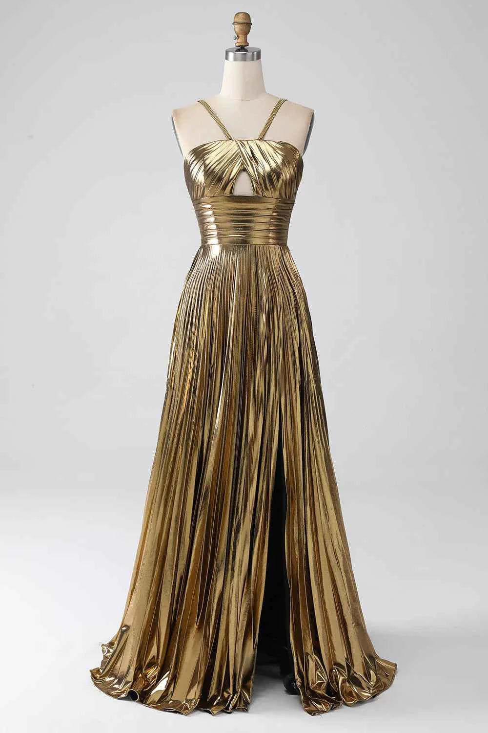 Sparkly A Line Halter Neck Gold Long Prom Dress with Keyhole Slit