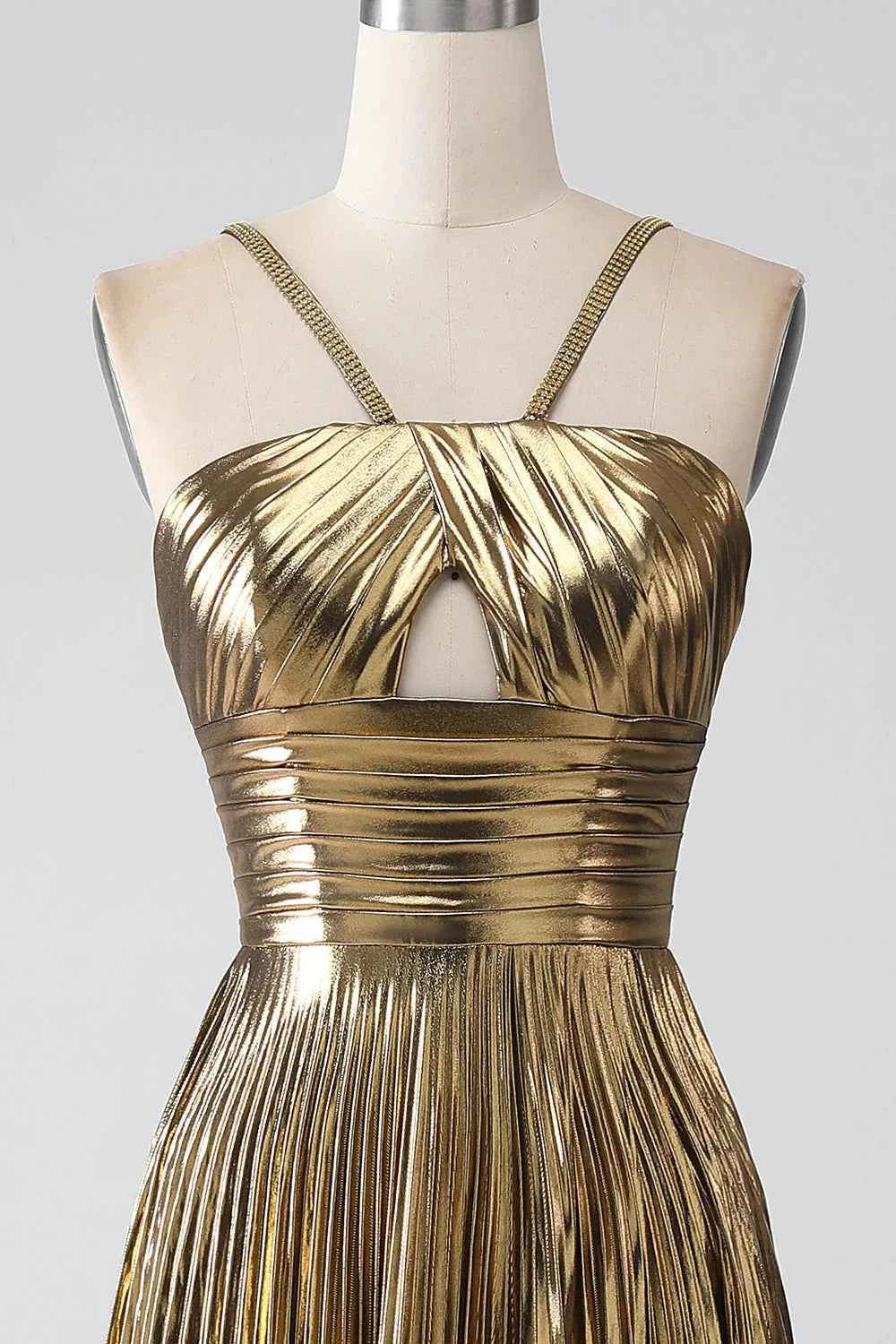 Sparkly Golden A Line Halter Neck Long Prom Dress with Keyhole Slit