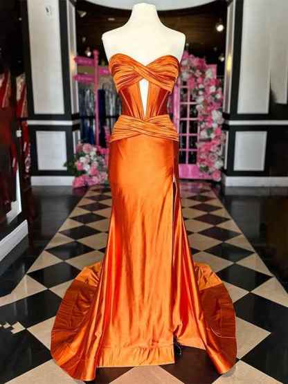 Navy Mermaid Strapless Corset Bodice Prom Dress with Slit