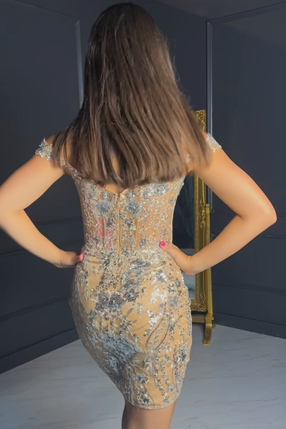 Sparkly Golden Off The Shoulder Corset Tight Short Homecoming Dress-BMbridal