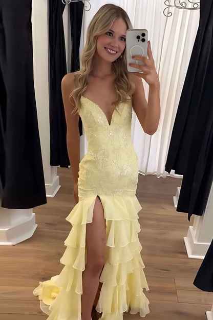 Sparkly Lilac Lace Appliques Sheath Tiered Long Chiffon Prom Dress with Slit