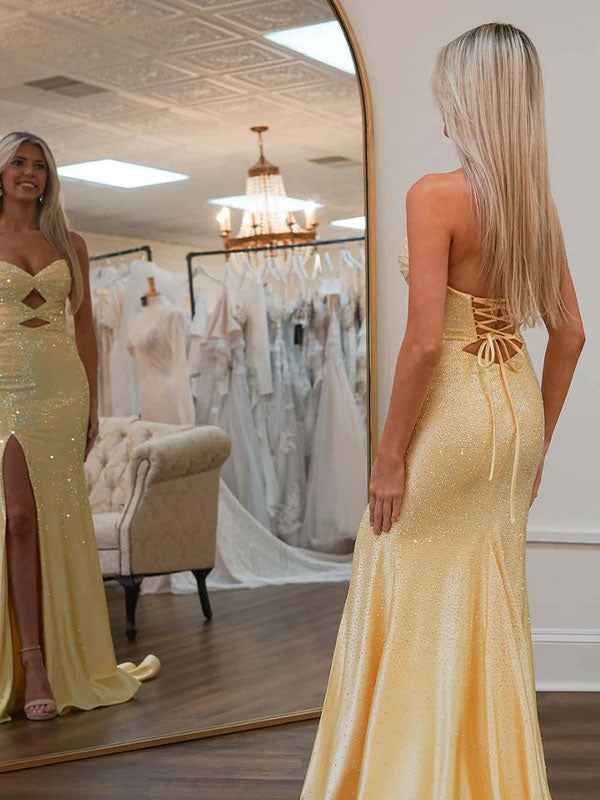 Light Yellow Mermaid Strapless Keyholes Prom Dress with Beads