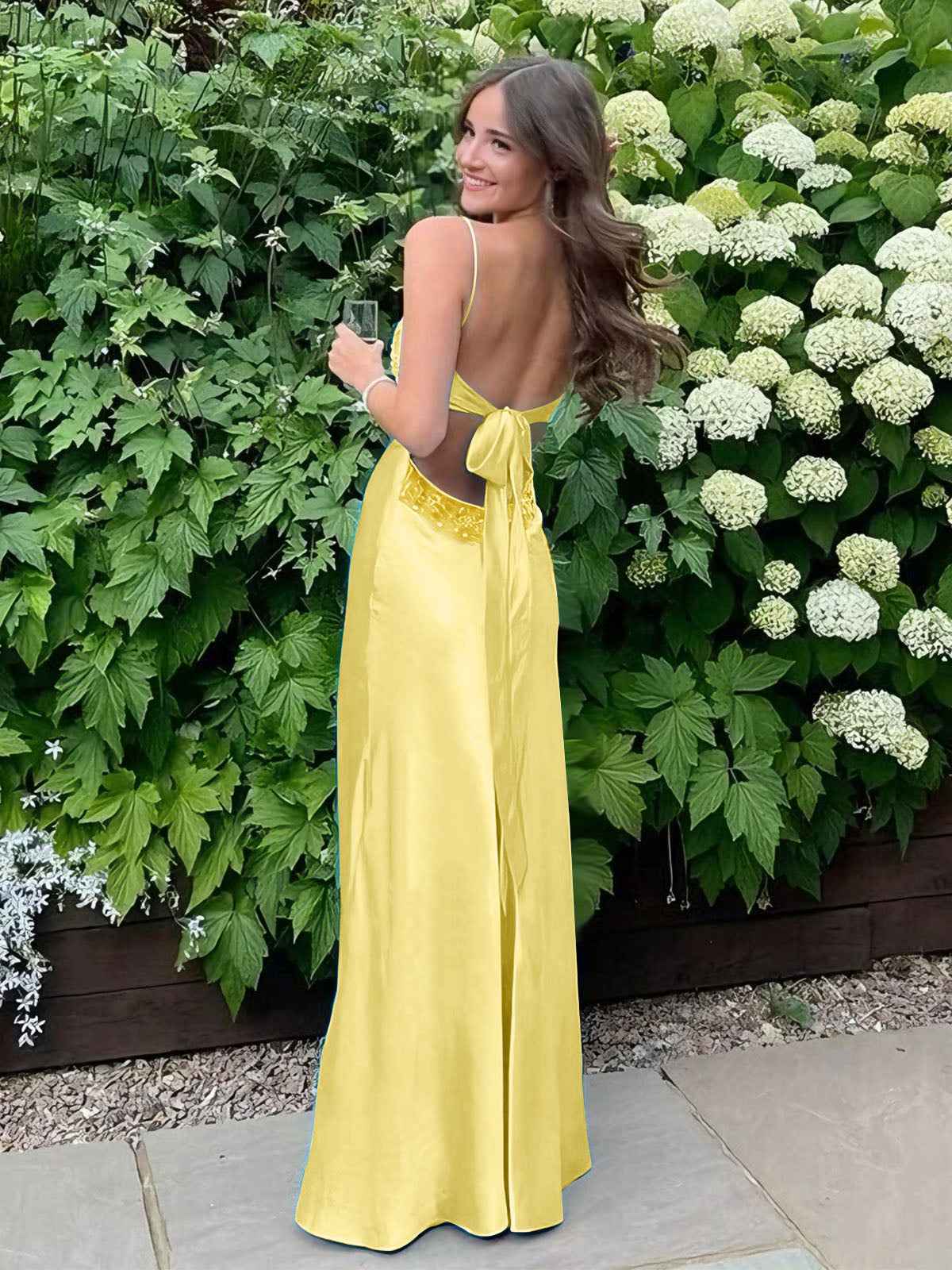 Blue A Line V-neck Beaded Back Tie Long Prom Dress