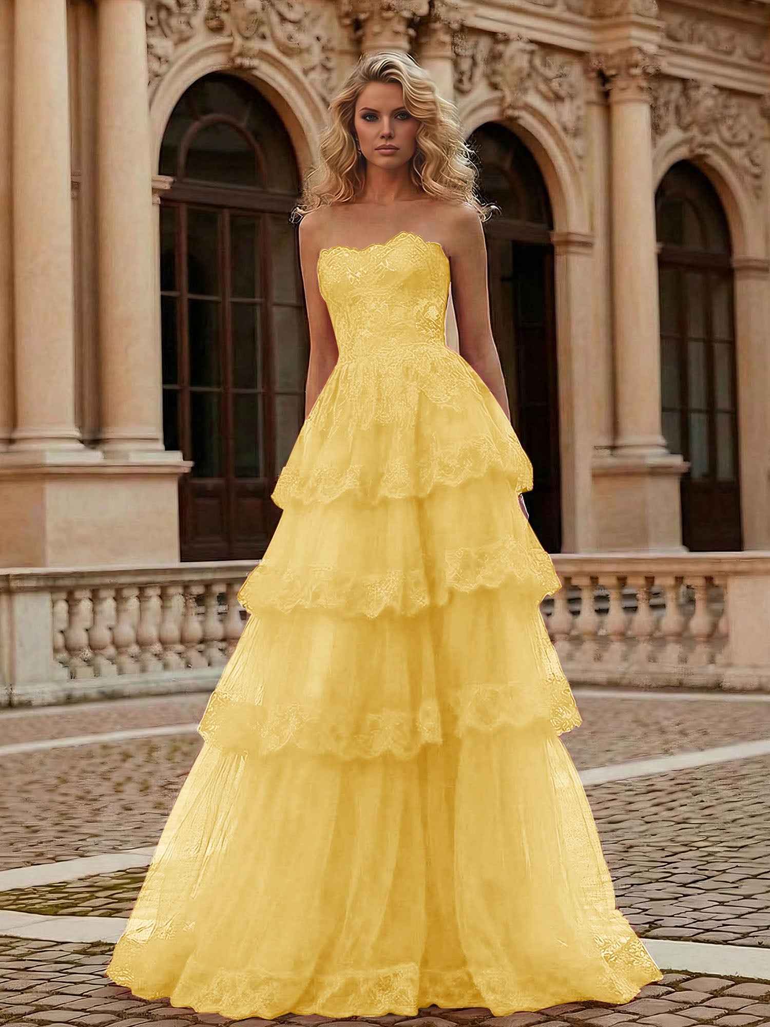 Red Tiered Tulle Strapless Lace Bodice A-Line Long Prom Dress