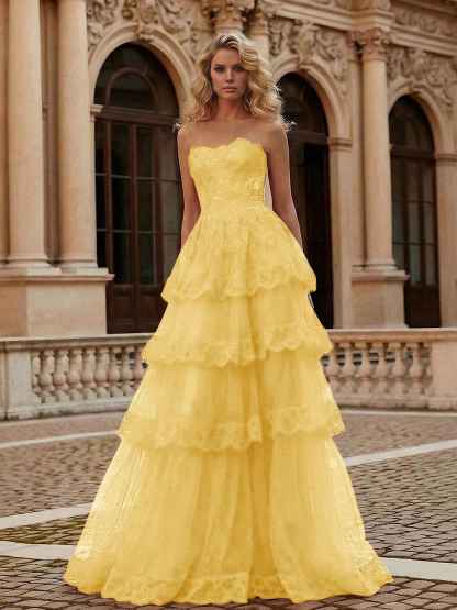 Red Tiered Tulle Strapless Lace Bodice A-Line Long Prom Dress