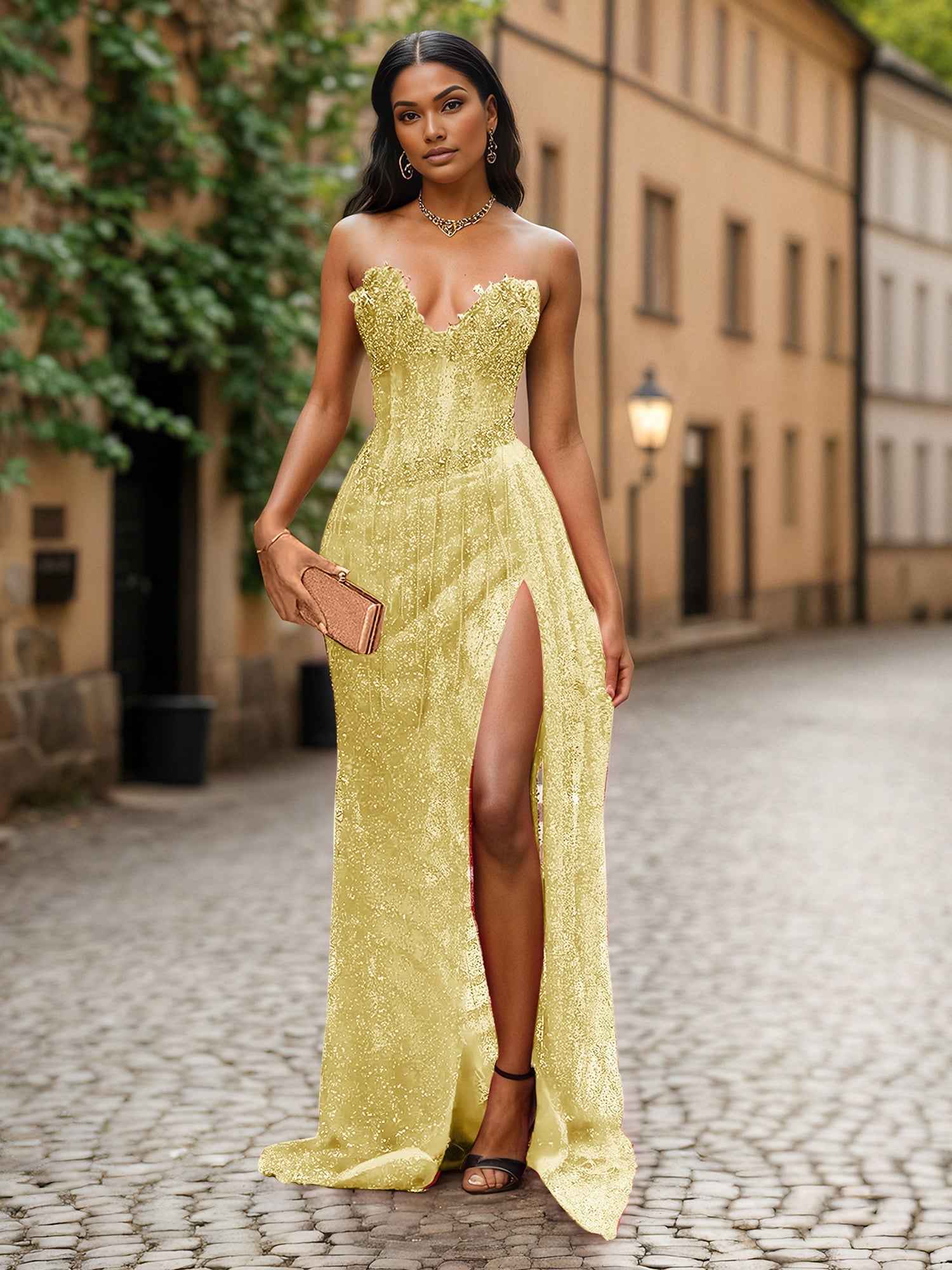 Red Strapless Beaded Fringe Waist Sequin Prom Dress with High Slit