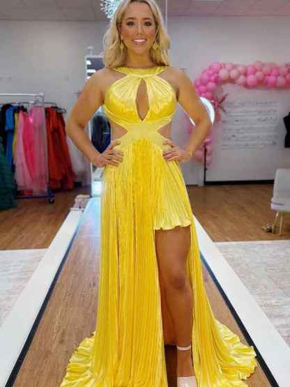 Green A-Line Halter Pleated Satin Long Prom Dress with Slit