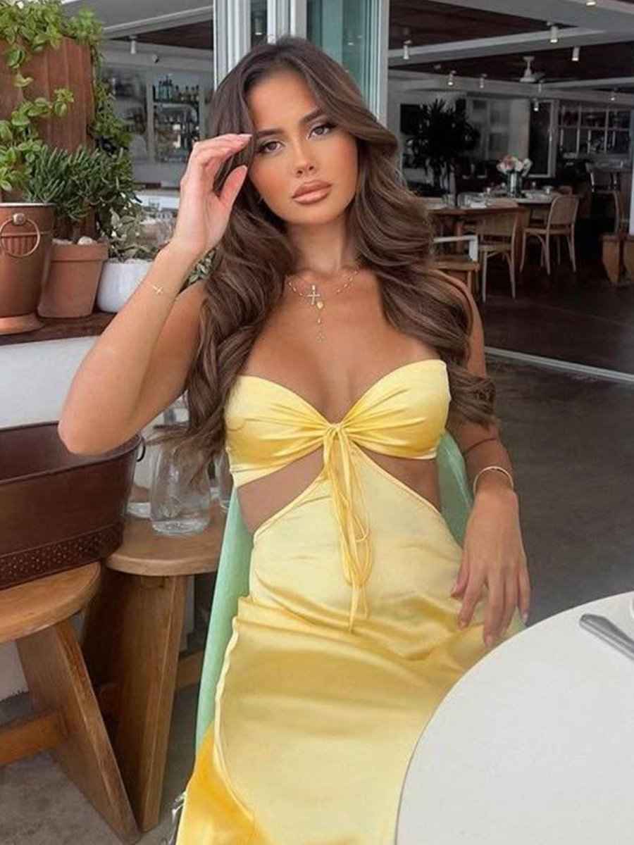 Pink A Line Strapless Back Tie Satin Long Prom Dress