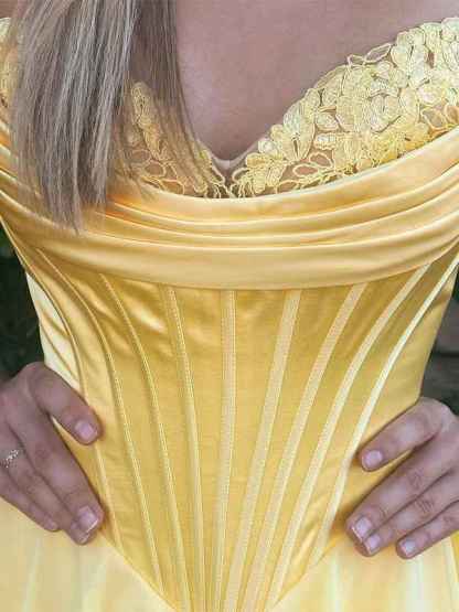 Yellow A Line Strapless Satin Corset Long Prom Dress with Ruffle Skirt
