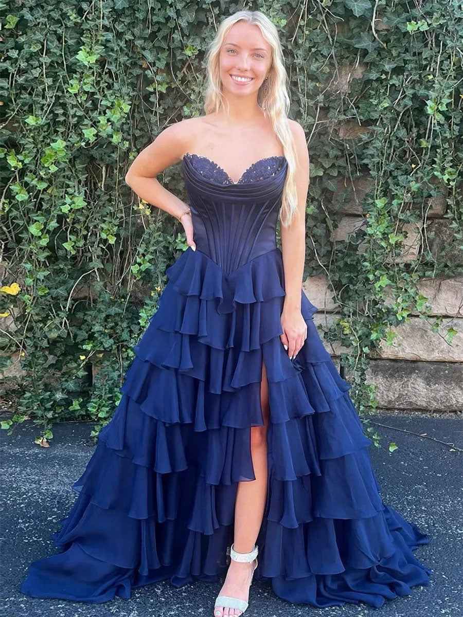 Yellow A Line Strapless Satin Corset Long Prom Dress with Ruffle Skirt