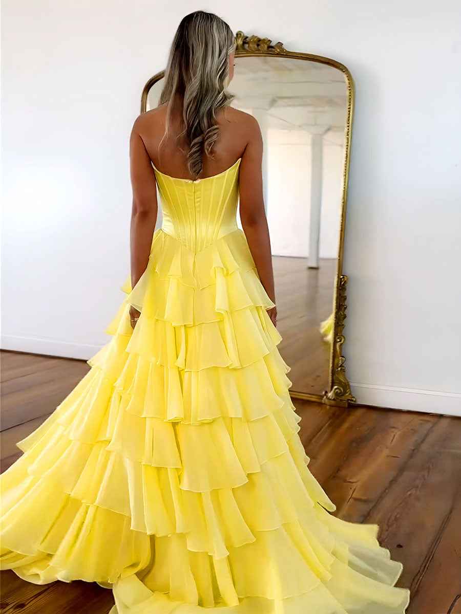 Yellow A Line Strapless Satin Corset Long Prom Dress with Ruffle Skirt
