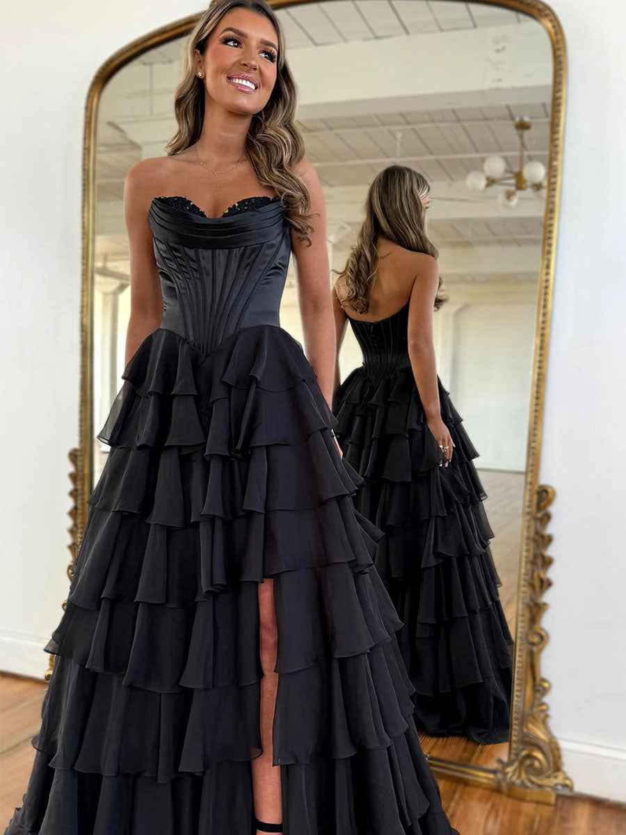 Yellow A Line Strapless Satin Corset Long Prom Dress with Ruffle Skirt